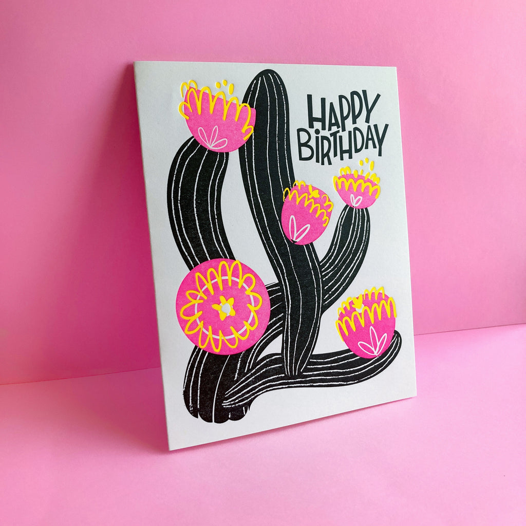 Letterpress cactus birthday card on pink background