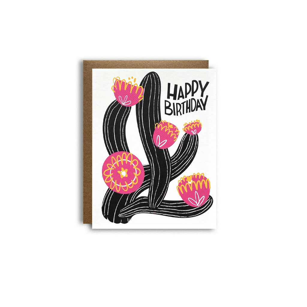 Letterpress cactus birthday card on white background shown with kraft paper envelope